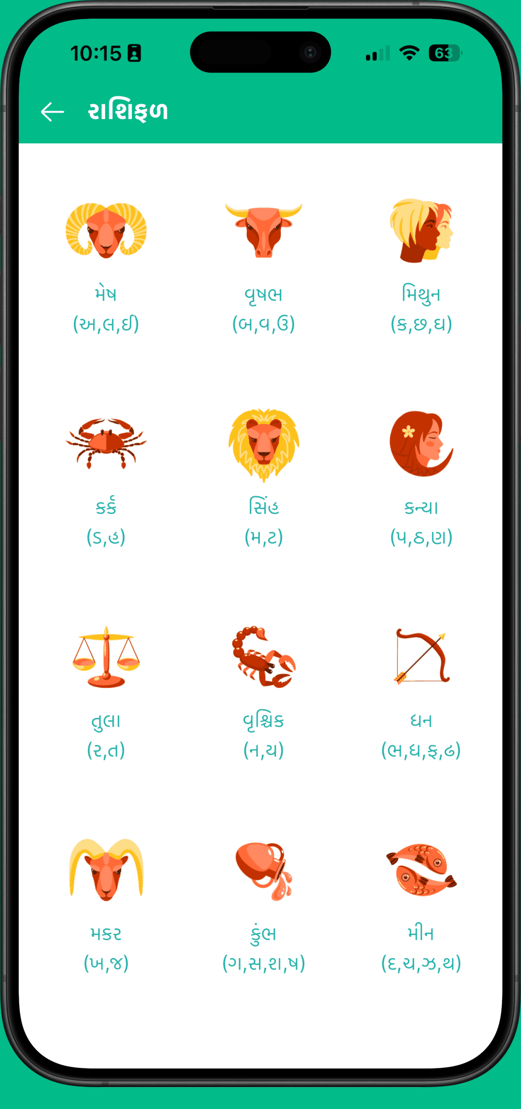 Rashifal screen showing all twelve zodiac signs in Gujarati with their associated name letters